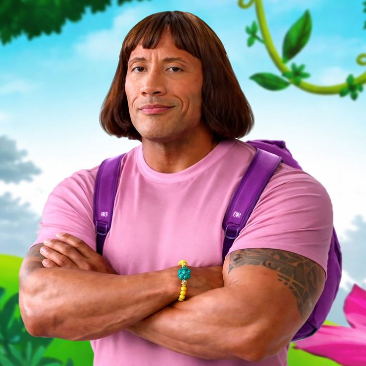 $ROCK the Explorer β jacked mascot in pink shirt with purple backpack